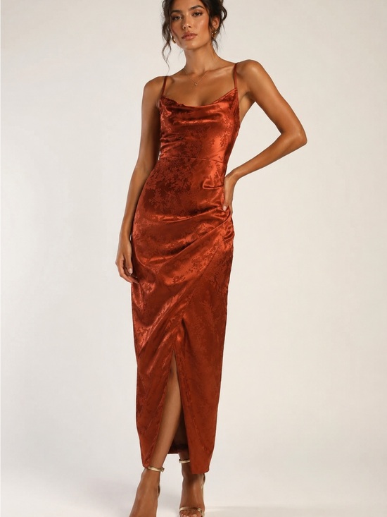 Lulus Dresses & Skirts - Lulu's Burnt Orange Satin Slip Maxi Dress with Cowl Neck